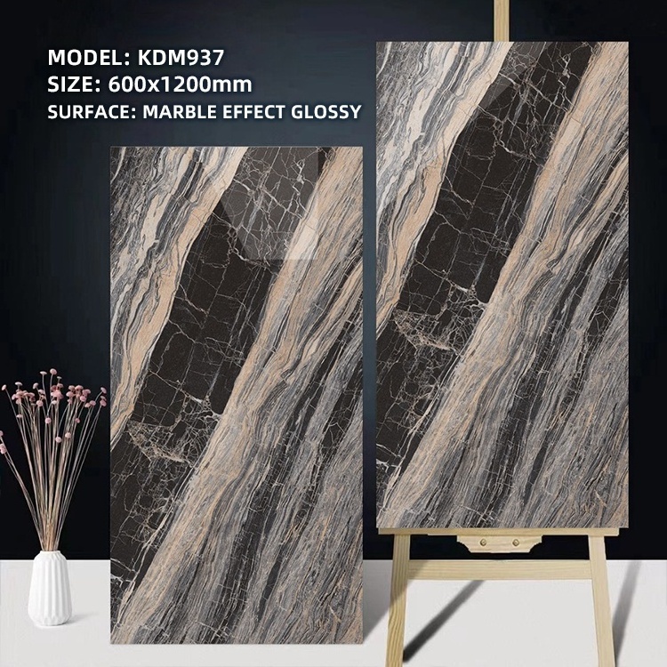 Free sample 600x1200mm black gold luxury polished glazed tiles livingroom porcelain floor tile