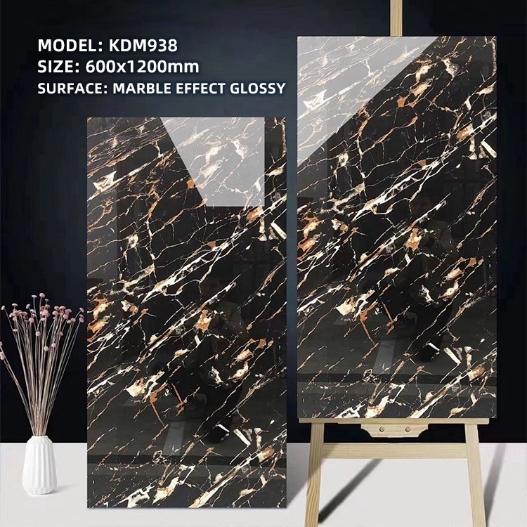 Free sample 600x1200mm black gold luxury polished glazed tiles livingroom porcelain floor tile