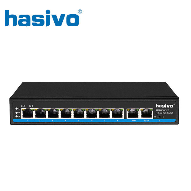 8 Port PoE 10/100M Switch with 2 Gigabit RJ45 Uplink IEEE 802.3af/at Active PoE for Wireless AP 120W PoE Output Unmanaged Switch