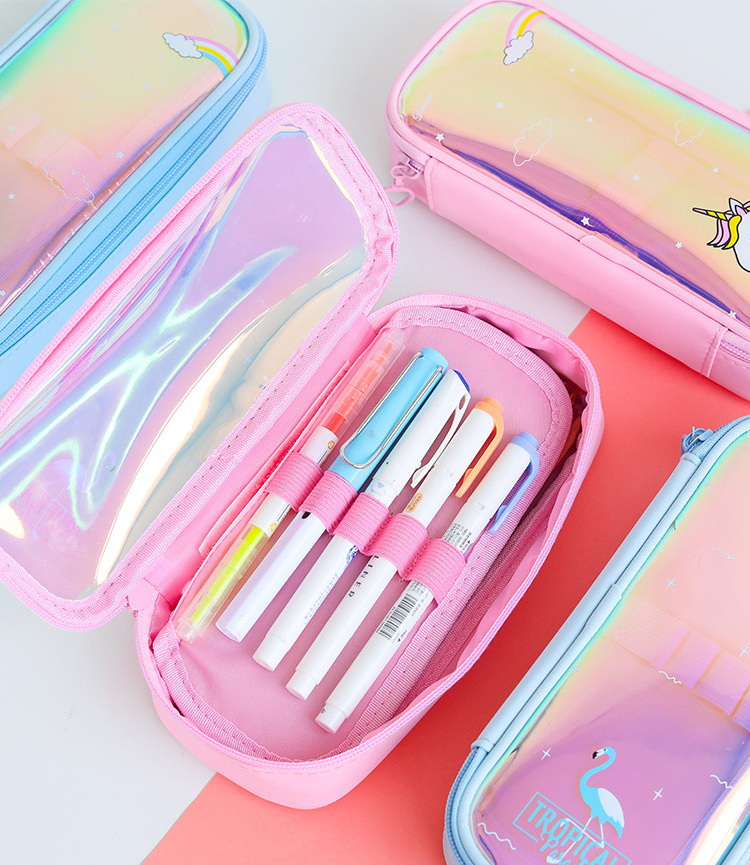 Hologram Colorful Transparent Pen Bag Zipper Cosmetic Makeup Pouch Bright Laser Clear Pencil Case