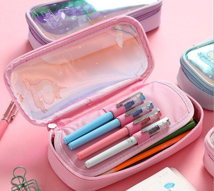 Hologram Colorful Transparent Pen Bag Zipper Cosmetic Makeup Pouch Bright Laser Clear Pencil Case