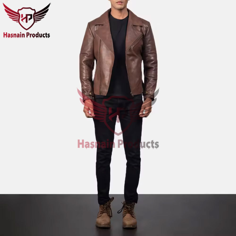 Raiden Brown Men's Classic Style Brown Leather Jacket with Customized Design - 100% Genuine Leather Biker Jacket for Men