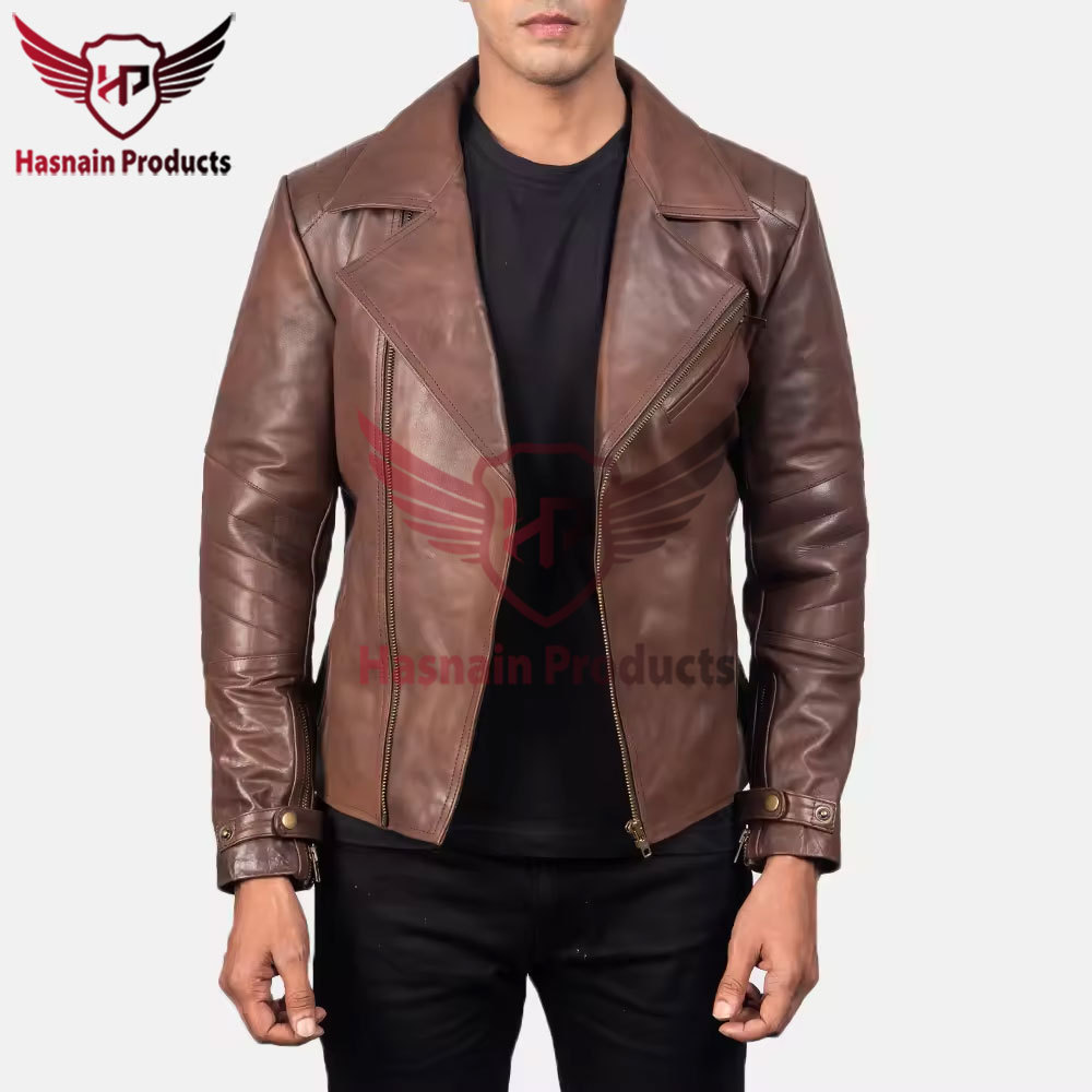 Raiden Brown Men's Classic Style Brown Leather Jacket with Customized Design - 100% Genuine Leather Biker Jacket for Men