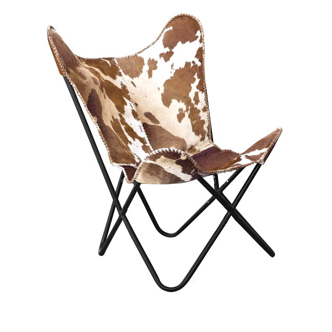 Cow Printed Cower Butterfly Chair for garden areas -Brown leather Cover Iron Butterfly Chair Foldable design For Living Rooms