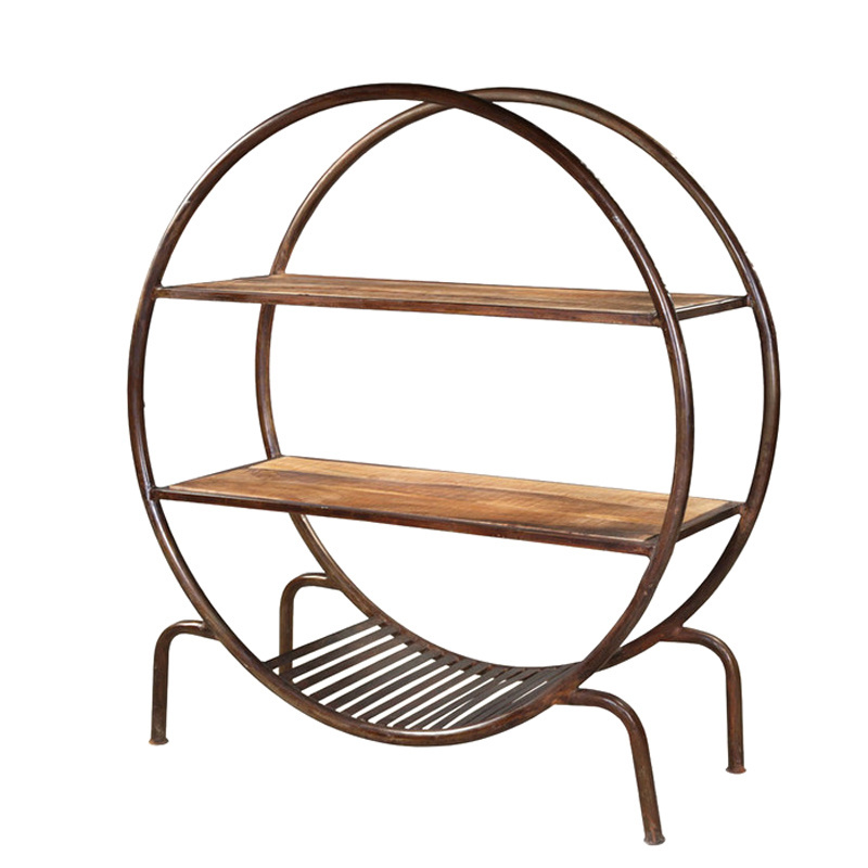 Free standing Industrial Round Shelf Unit with wooden shelves modern wooden with metal round display racks bookcase for sale