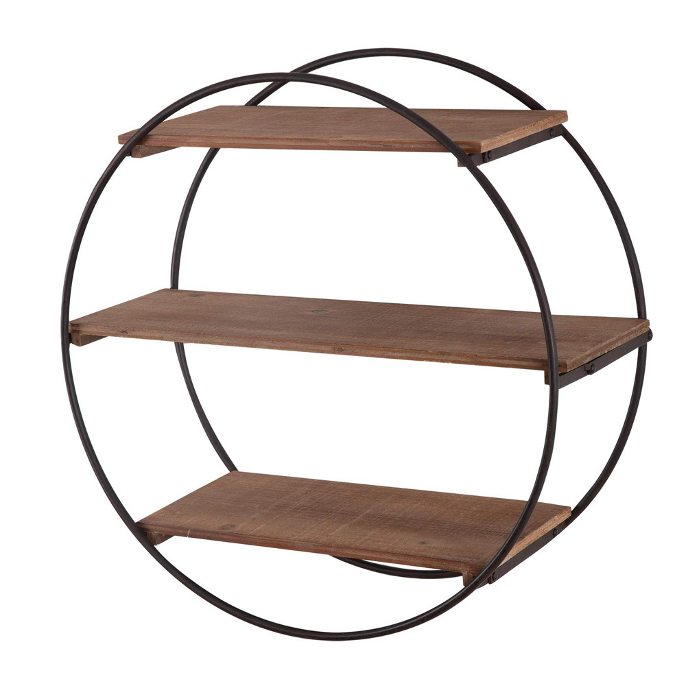 Free standing Industrial Round Shelf Unit with wooden shelves modern wooden with metal round display racks bookcase for sale