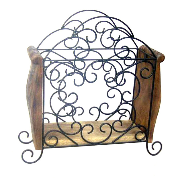 Wooden Crafts Magazine Rack with Iron Frame Home Storage Space Rack Rustic Finished Kitchen Storage Rack