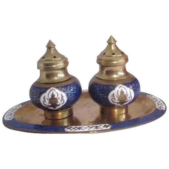 Fancy Brass Salt &  Pepper Shakers for Dining with Mother Pearl Finished Design Brass Salt Pepper for Home and Kitchen