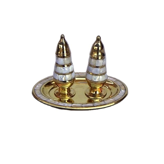 Fancy Brass Salt &  Pepper Shakers for Dining with Mother Pearl Finished Design Brass Salt Pepper for Home and Kitchen