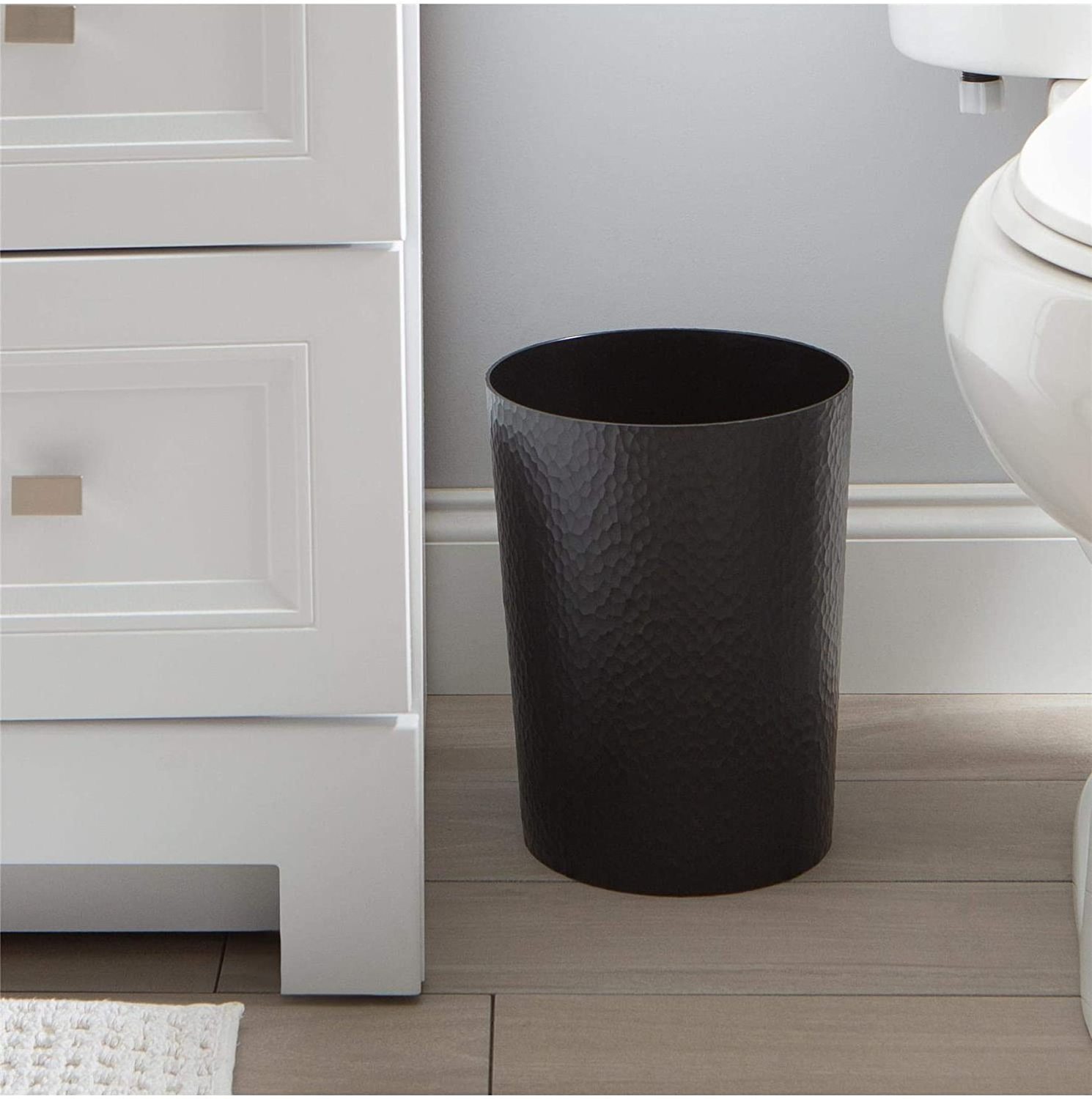 Premium Metal Iron Black Round waste bin with Lid Garbage Box Vintage Hammered Design Dust Bin for Clean Home Trash Can