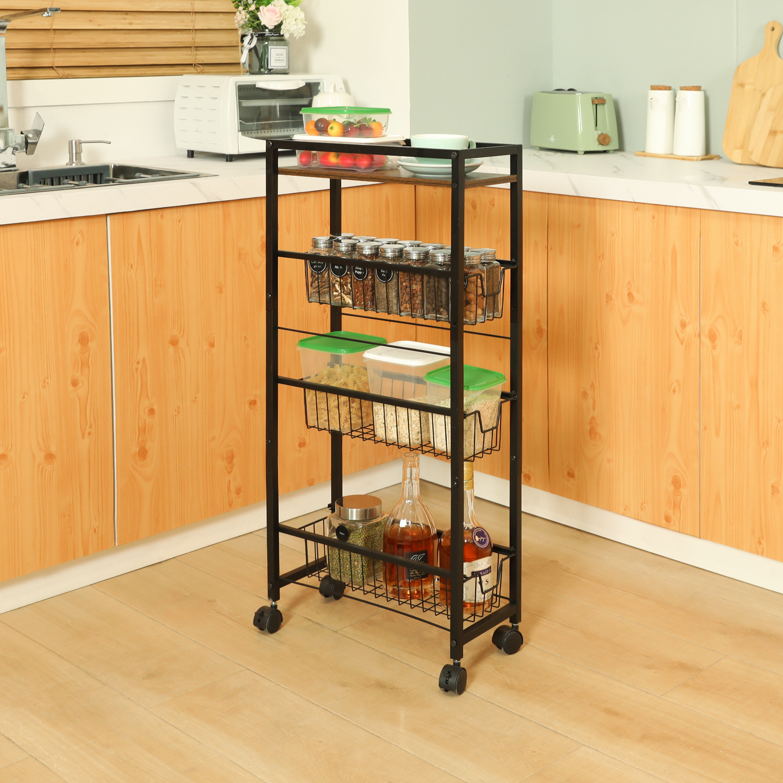 Hot Sale 4-Tier Slim Storage Cart with Slide-Out Wire Baskets  Kitchen Rolling Utility Cart Narrow Storage Shelf