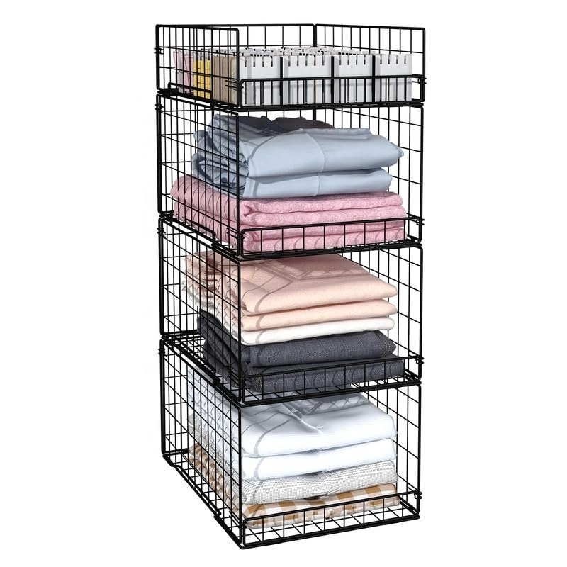 4 Tier Stackable Storage Bins foldable Metal Wire Organizer Baskets Containers Drawers with Dividers Closet Organizers