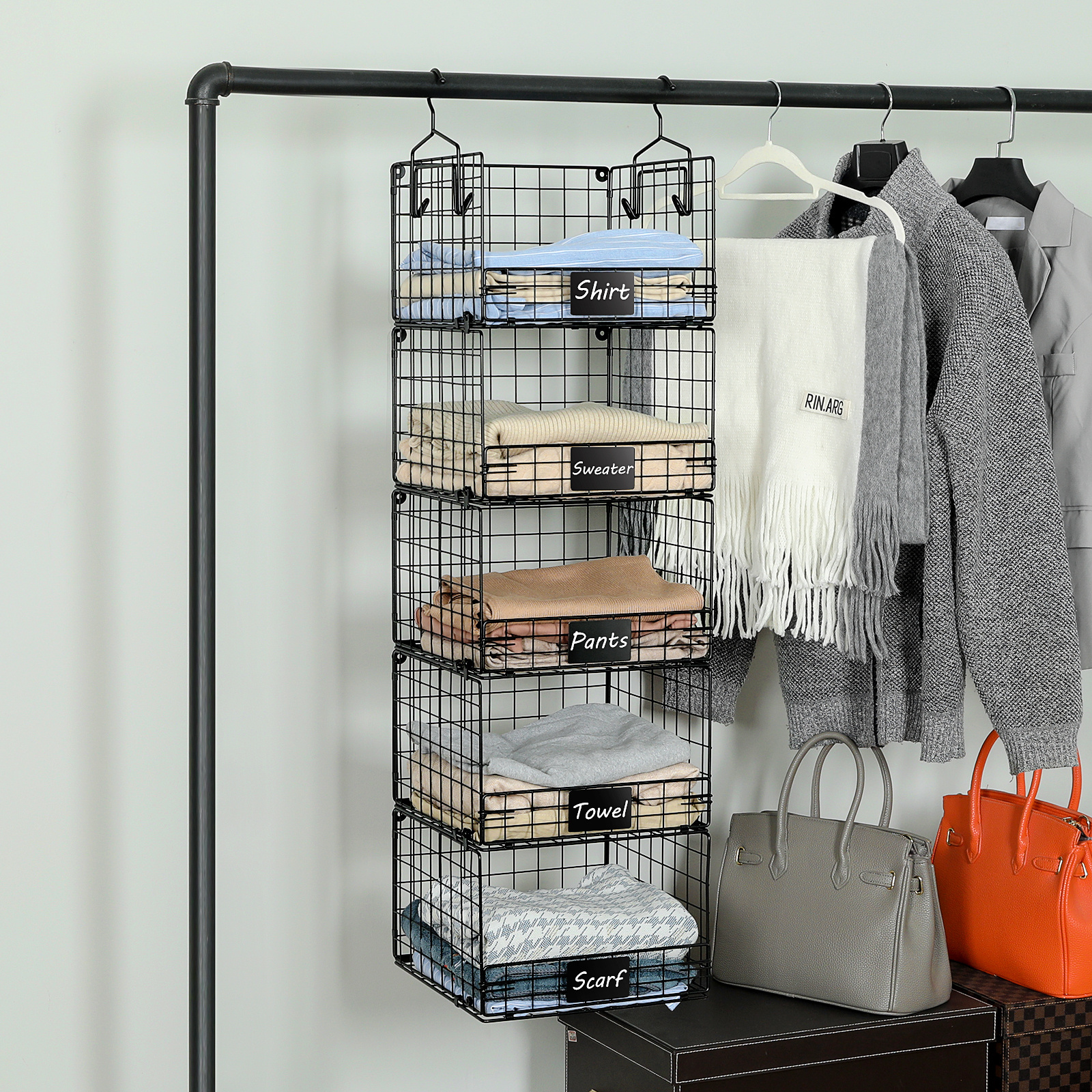 5 Tiers Hanging Closet Shelves Clothes Hanging Organizer Wall Mount Cabinet Wire Storage Basket Legging Organizer For Closet