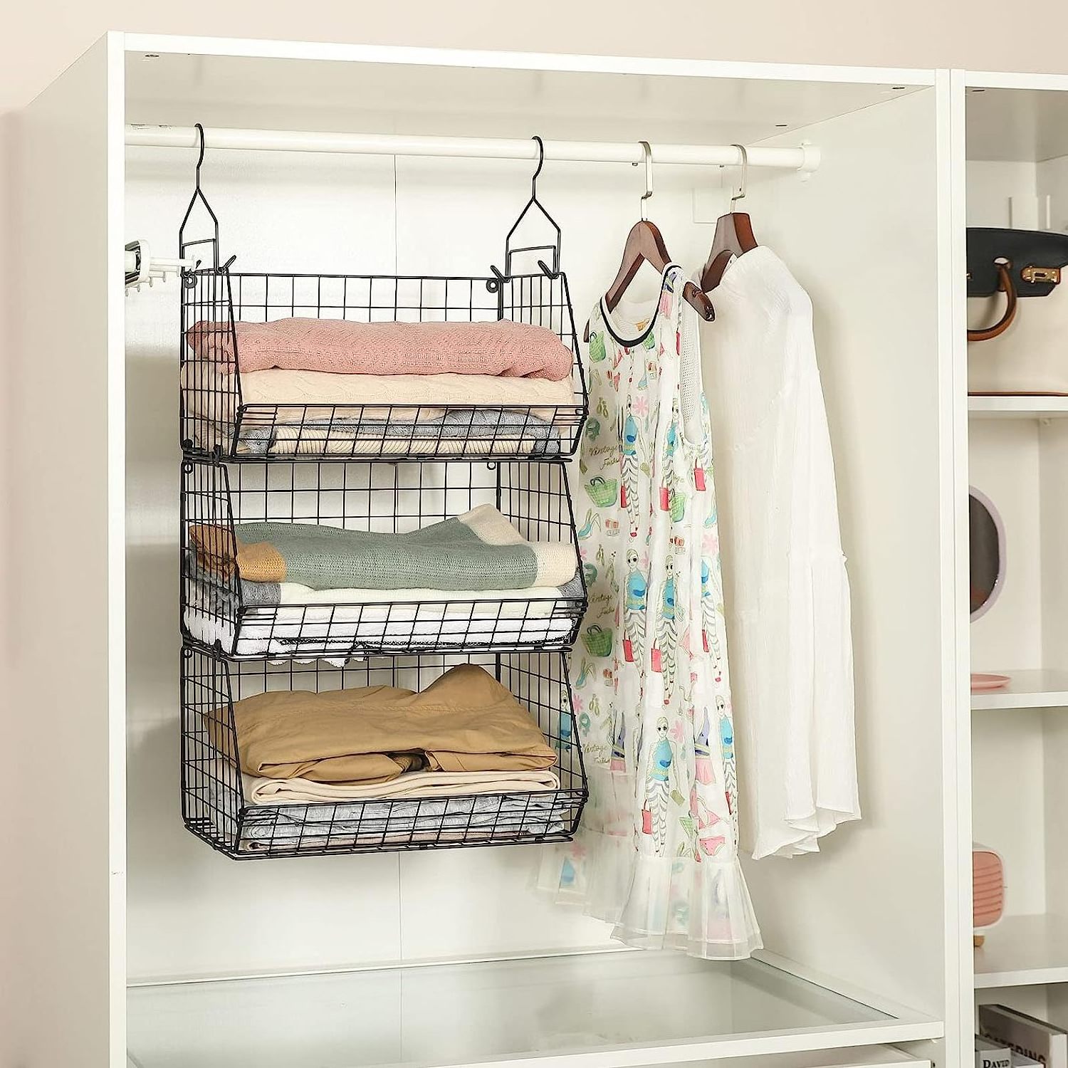 Hatahardware 3 Tier Layer Closet Hanging Shelves with Divider Kid Shoe Wallat Bag Hanging Metal Storage Wire Basket Organizer