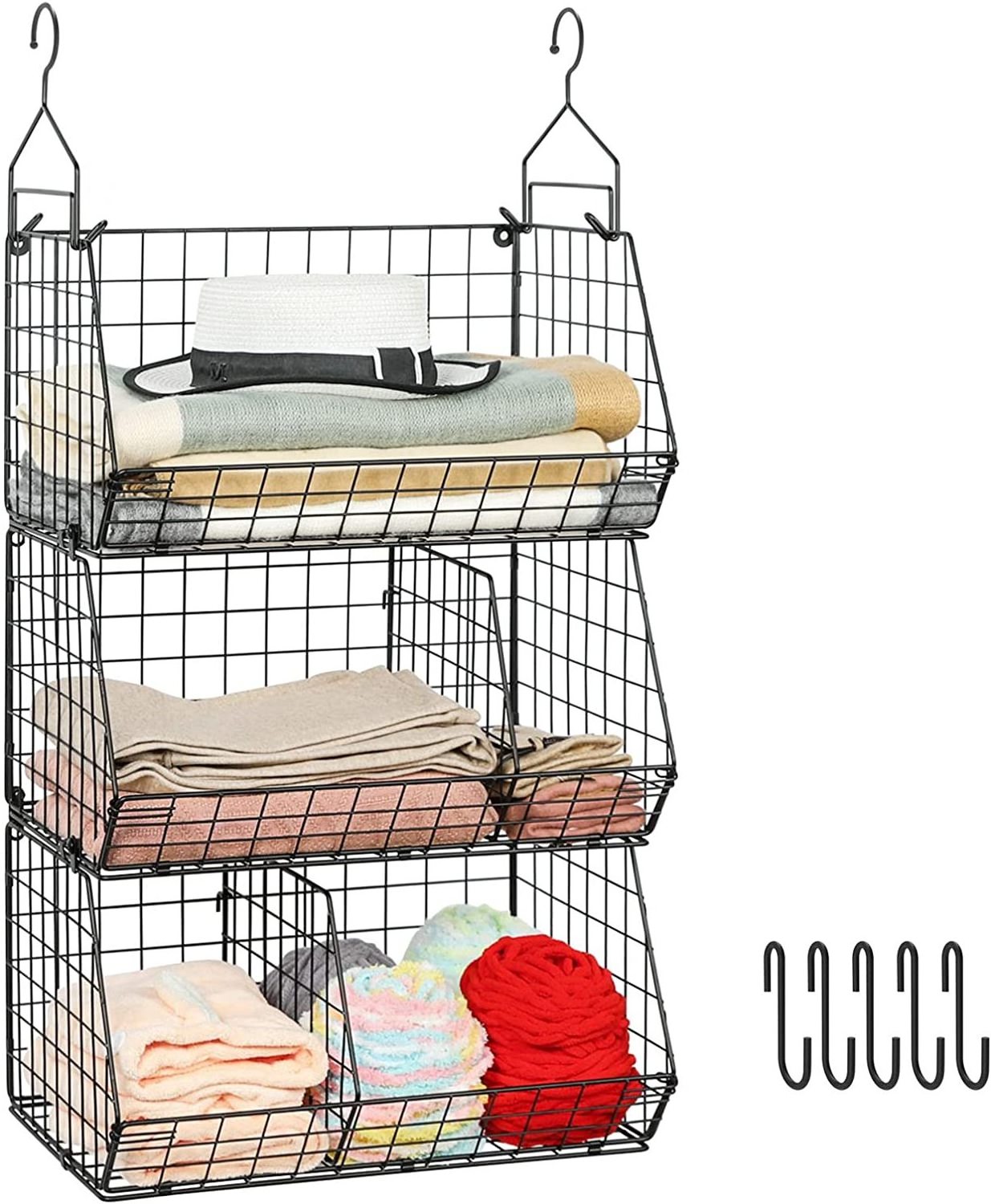 Hatahardware 3 Tier Layer Closet Hanging Shelves with Divider Kid Shoe Wallat Bag Hanging Metal Storage Wire Basket Organizer