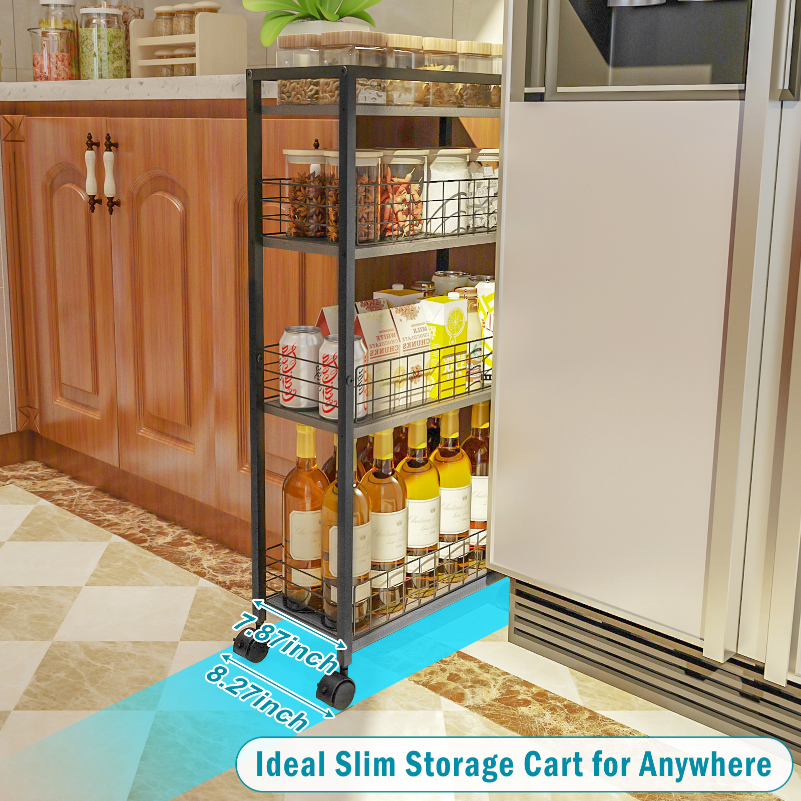 Kitchen Bathroom Organization And Slim 4 Tier Storage Cart Trolley Slide Out Rolling Pantry Shelf With Wheels