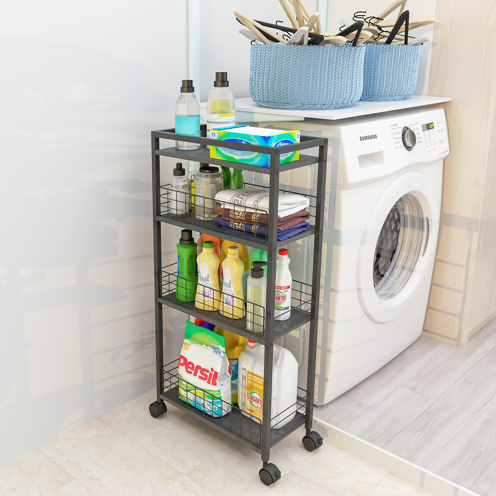 Kitchen Bathroom Organization And Slim 4 Tier Storage Cart Trolley Slide Out Rolling Pantry Shelf With Wheels