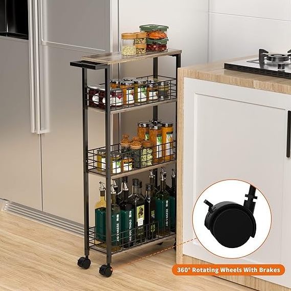 Household rotating multi layer round layered unit floor standing rack kitchen shelf 4tiers movable home storage cart utility tr