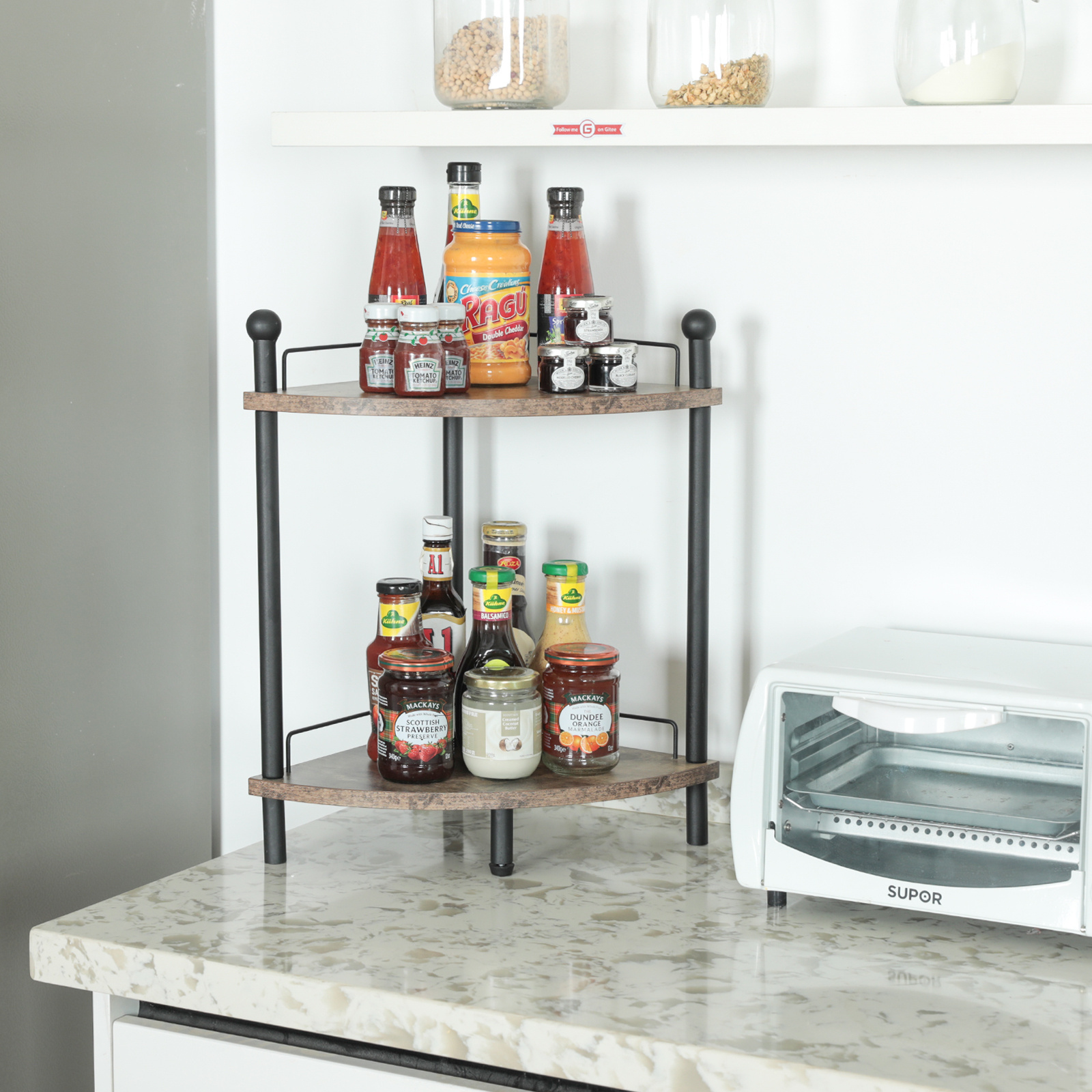 Standing or Floor corner hanging shelves Kitchen Bathroom Small Space metal and wooden corner shelf in living room