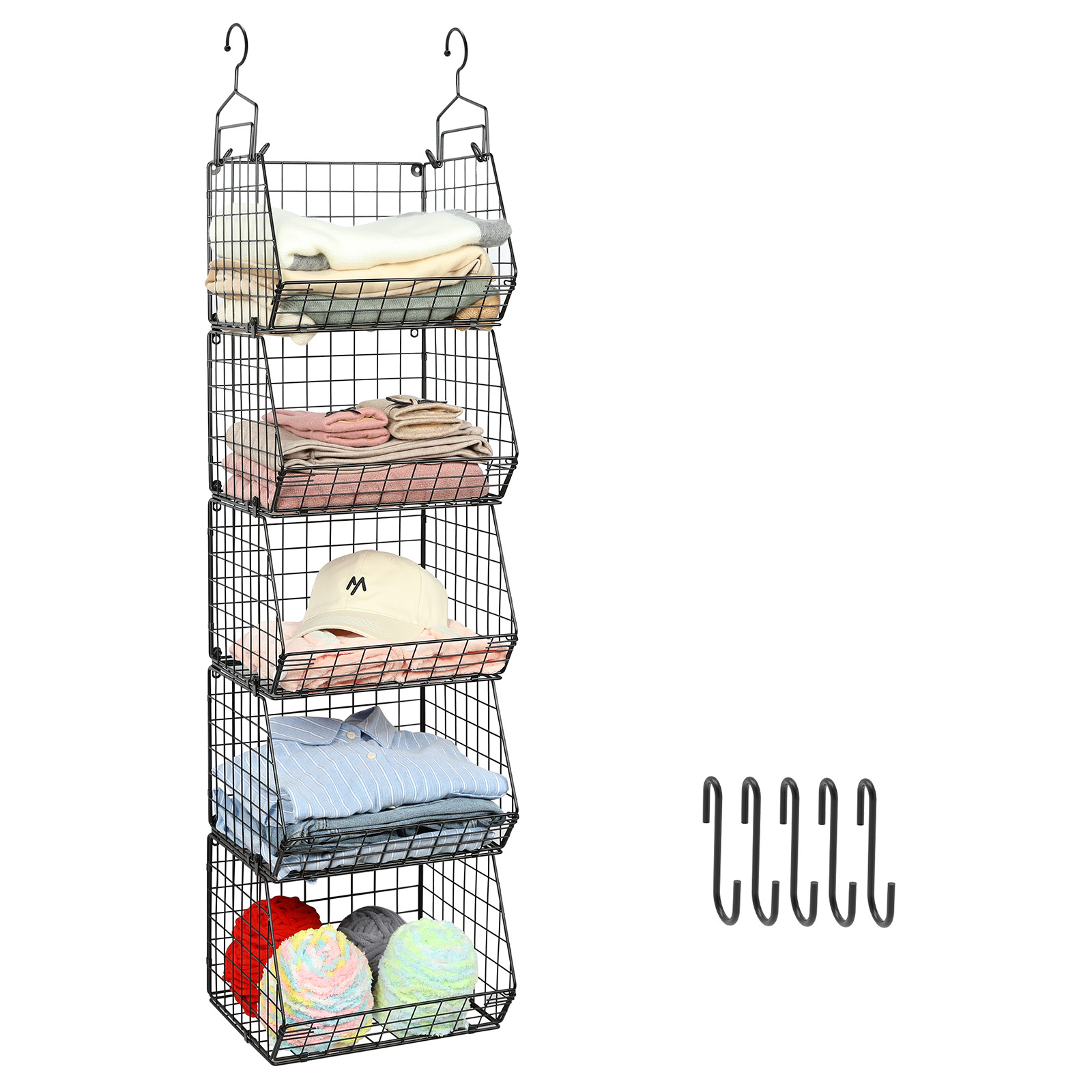 5 Tier  Metal Wire Closet Hanging Organizer Closet Hanging Shelves Storage Basket for Clothing Sweaters Shoes Handbags