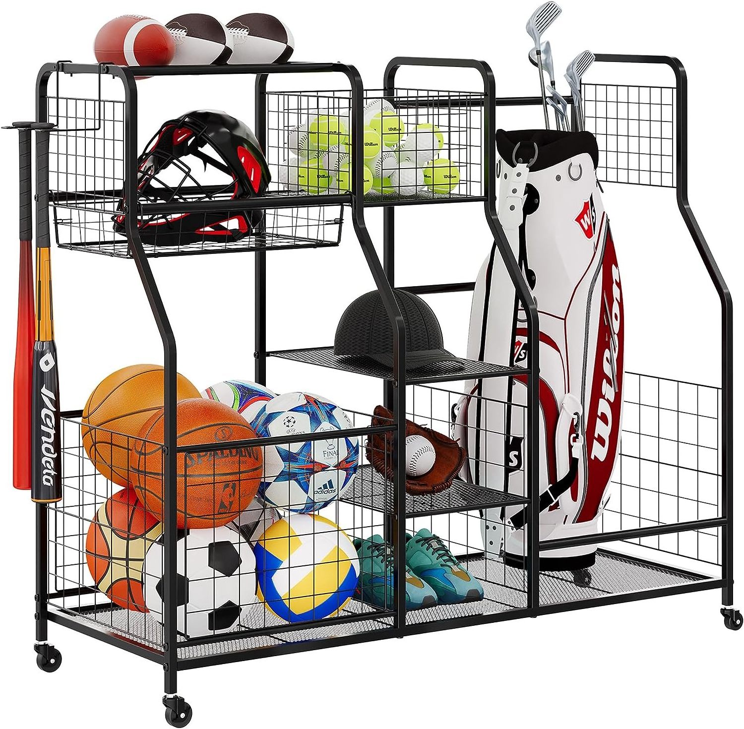 Golf bag metal wire vertical display rack cart for basketball ball and accessor sports equipment storage organizer