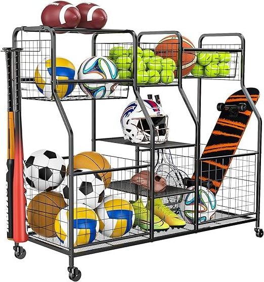 Cart with wheels lock football display stand carts ball racks volleyball garage sports equipment storage organizer