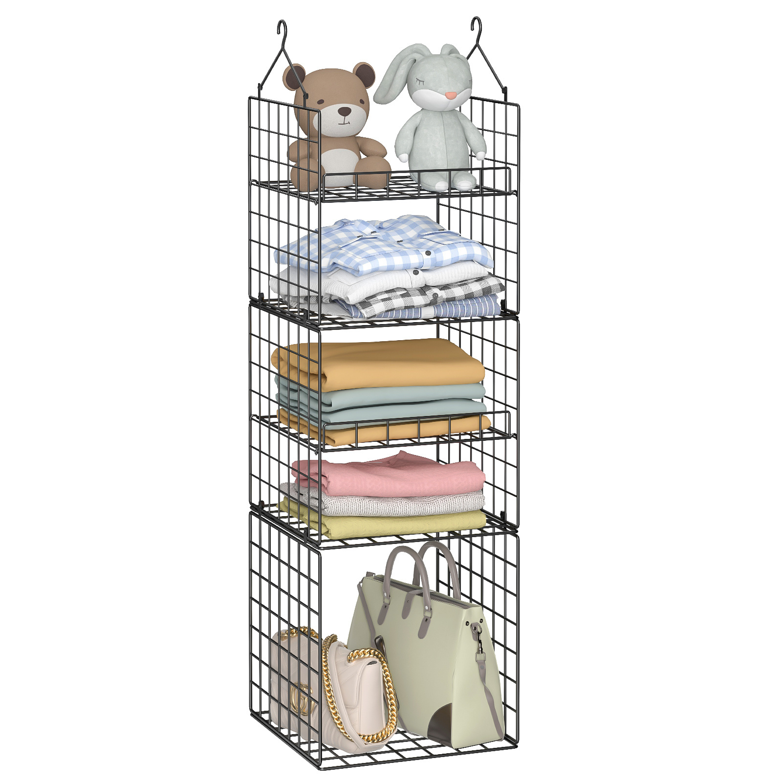 Foldable Stackable Closet Organizer Black Adjustable Metal Wire Hanging Basket Wardrobe Closet Organizer And Storage For Clothes