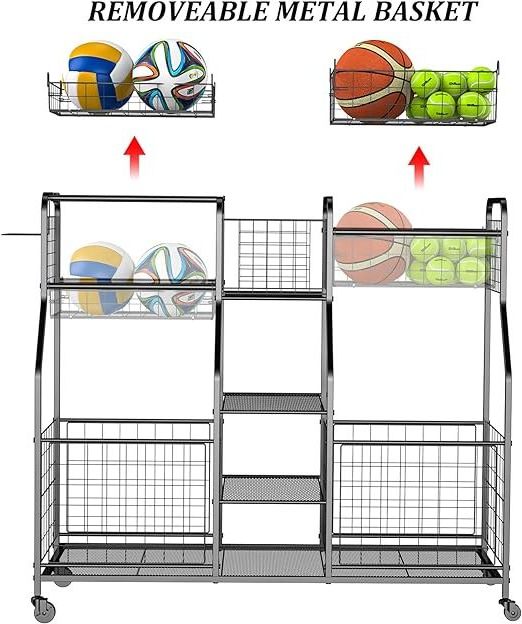 Cart with wheels lock football display stand carts ball racks volleyball garage sports equipment storage organizer