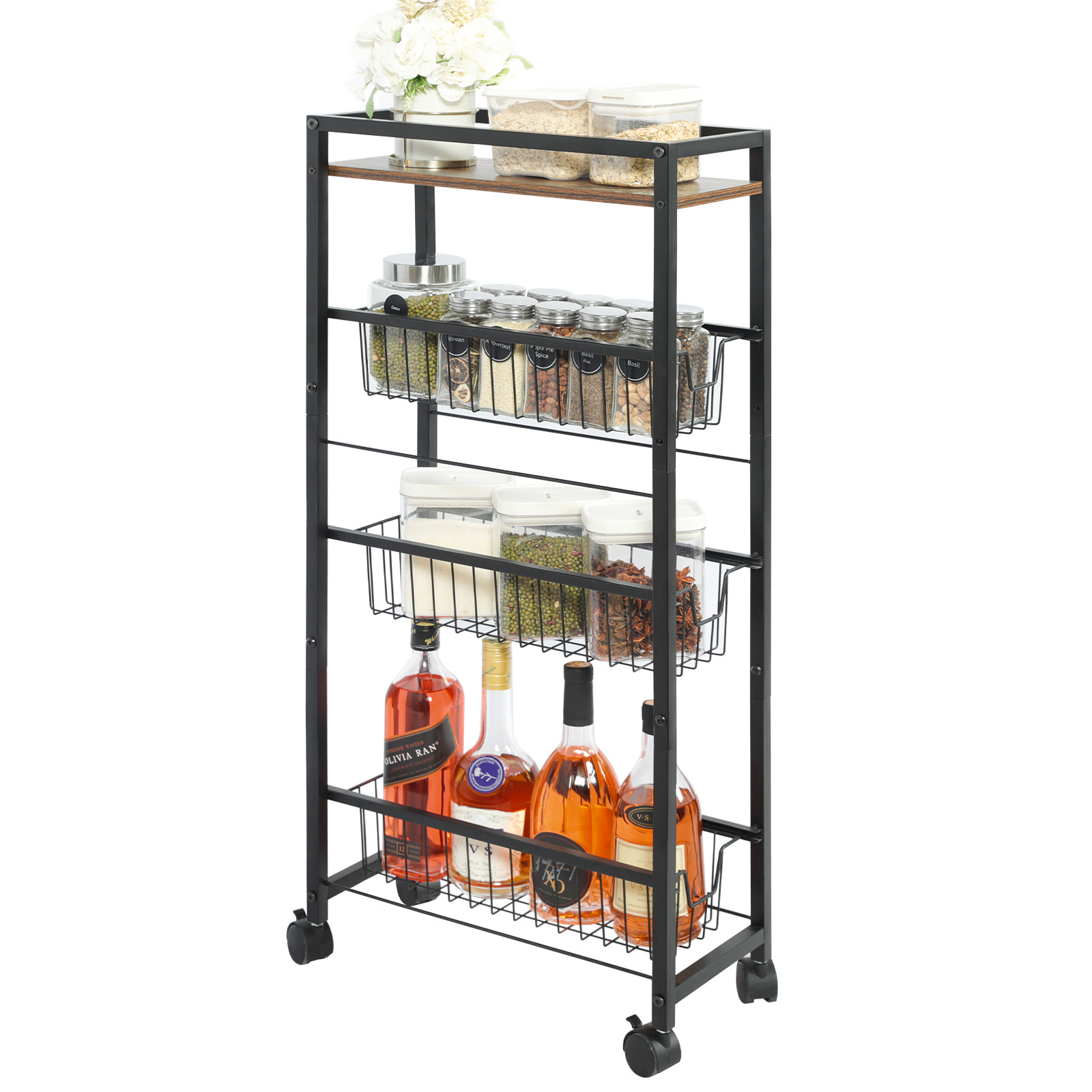 Hot Sale 4-Tier Slim Storage Cart with Slide-Out Wire Baskets  Kitchen Rolling Utility Cart Narrow Storage Shelf