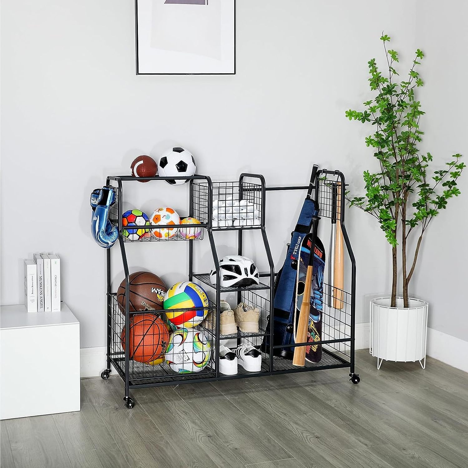 Golf bag metal wire vertical display rack cart for basketball ball and accessor sports equipment storage organizer