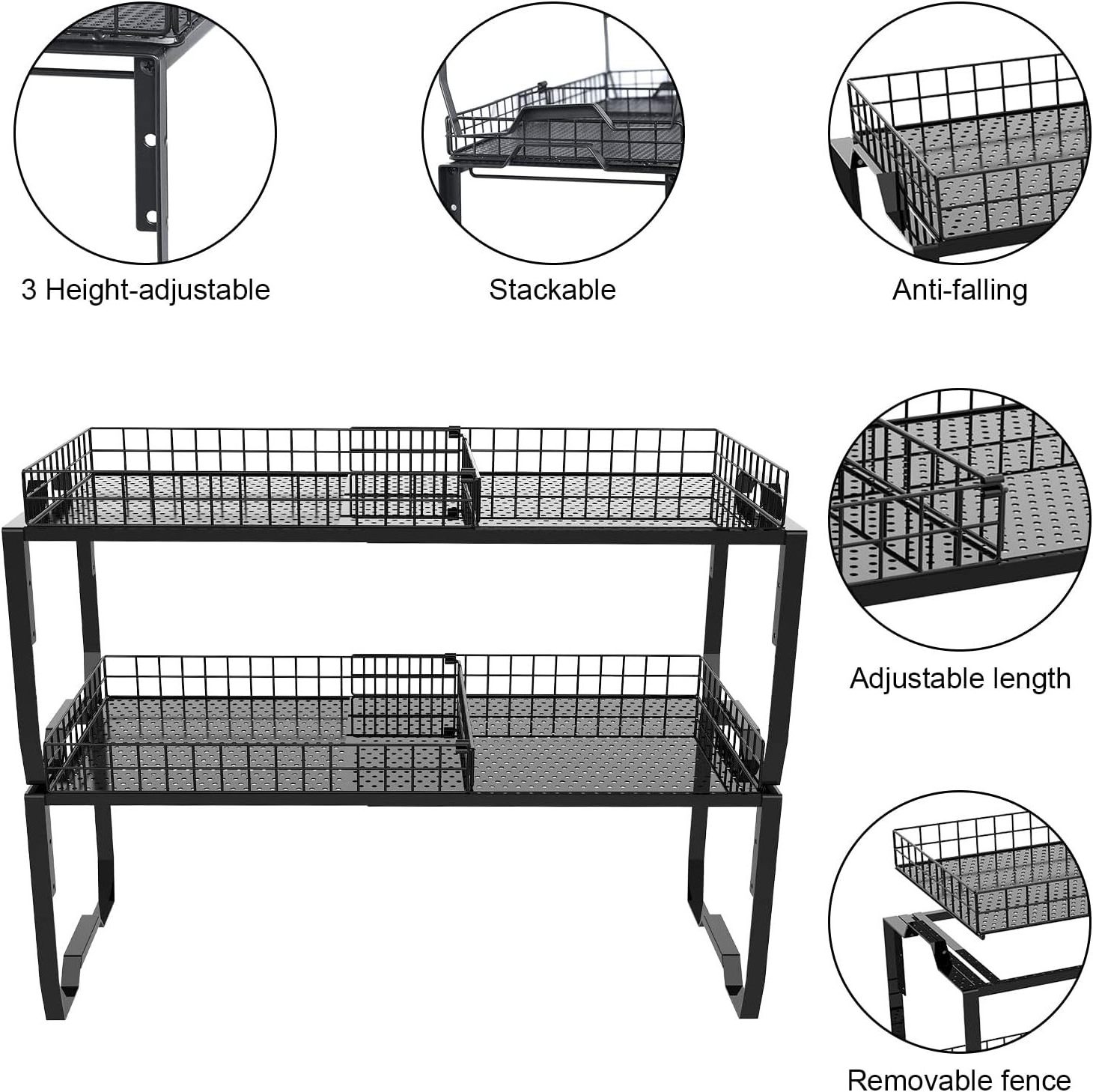 Expandable 2 Tier Metal Wire Kitchen Countertop Rack Stainless Steel Shelves For Kitchen Cabinets