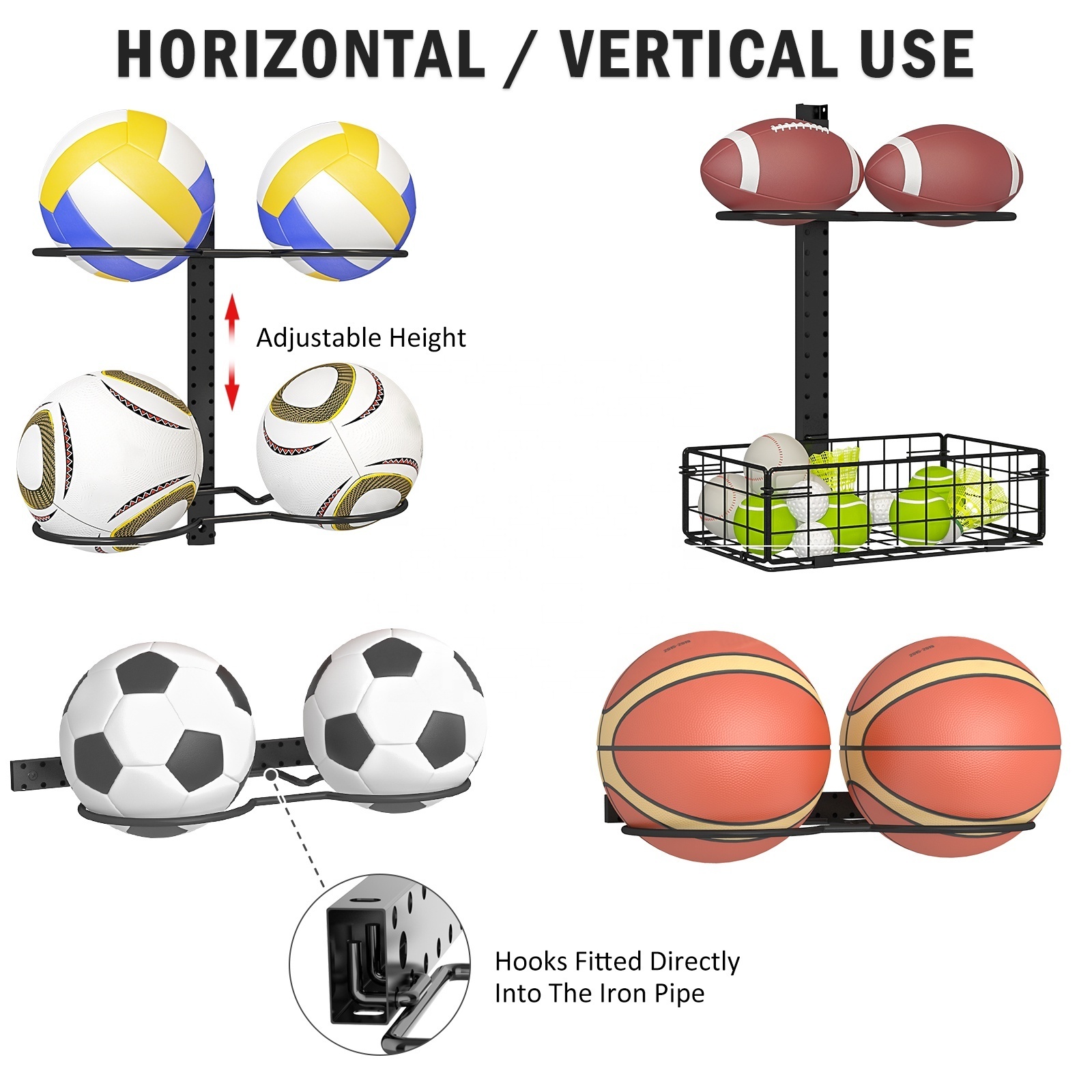 8 Tier Detachable Height Adjustable Sports Ball Organizer Storage Holder Rack Wall Mounted Gym Exercise Ball Rack