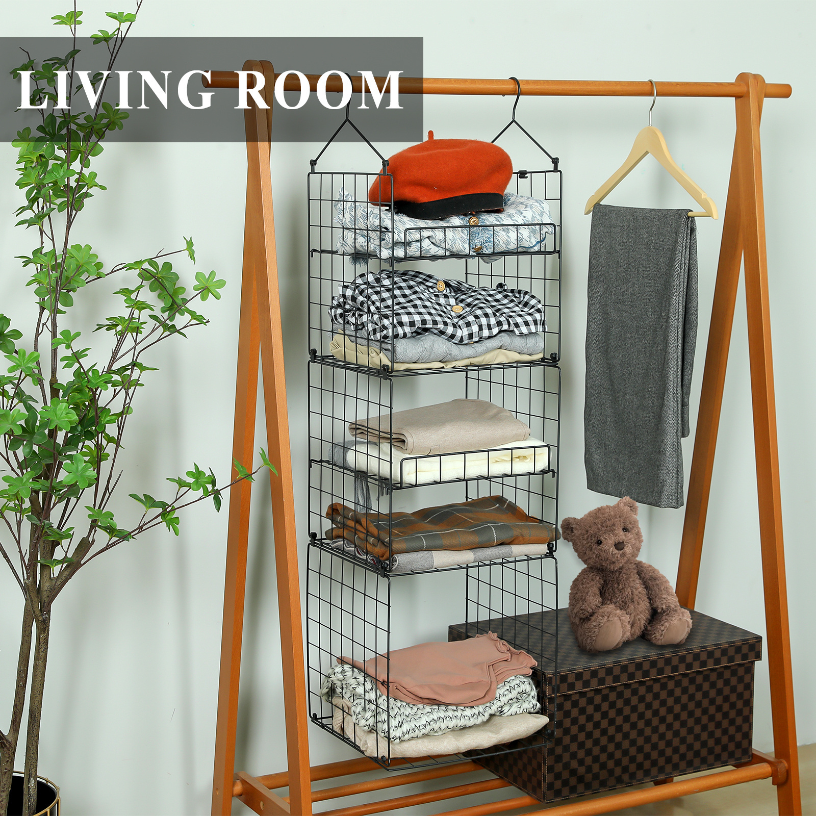 Foldable Stackable Closet Organizer Black Adjustable Metal Wire Hanging Basket Wardrobe Closet Organizer And Storage For Clothes