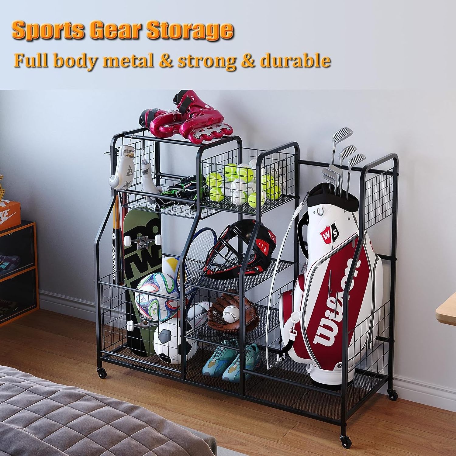 Golf bag metal wire vertical display rack cart for basketball ball and accessor sports equipment storage organizer