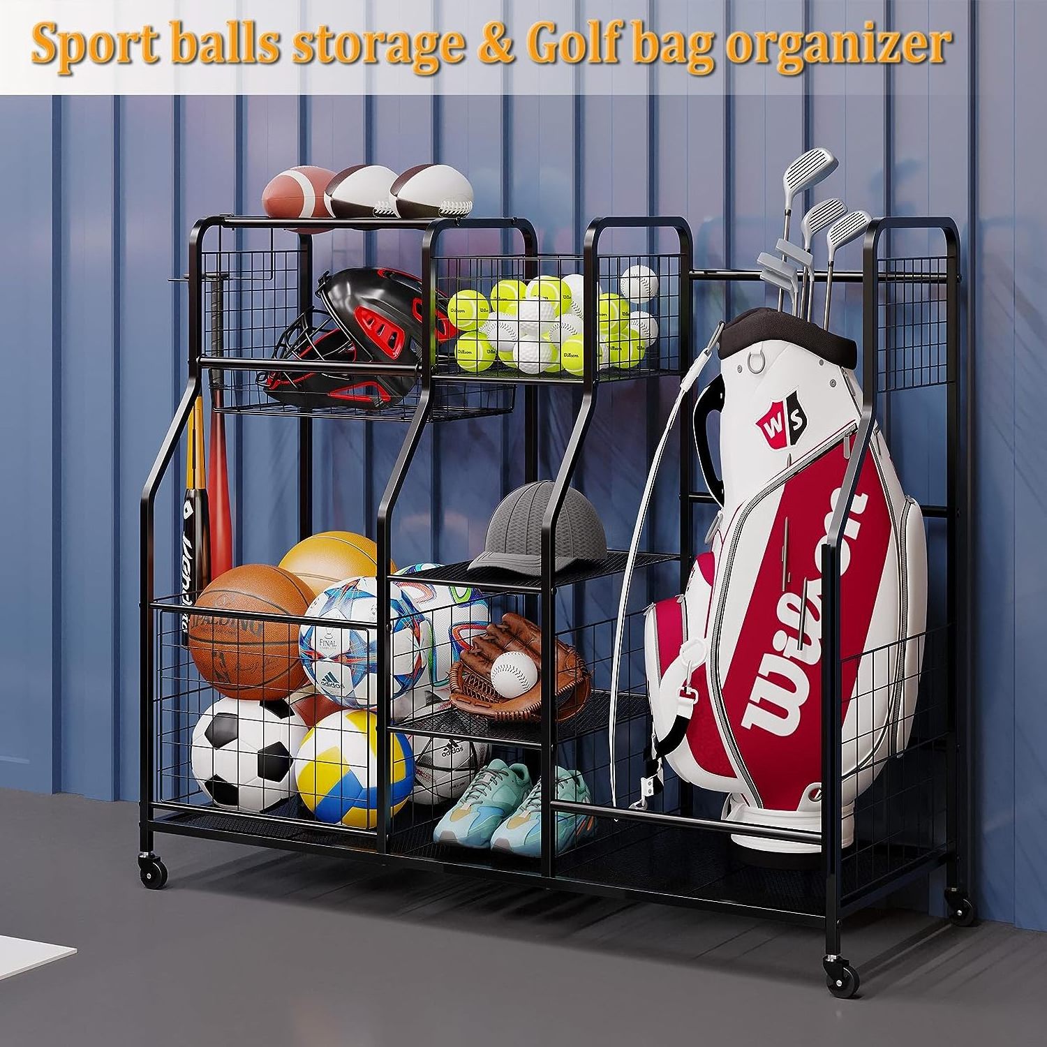 Golf bag metal wire vertical display rack cart for basketball ball and accessor sports equipment storage organizer