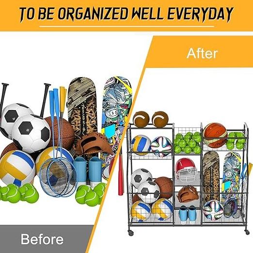 Cart with wheels lock football display stand carts ball racks volleyball garage sports equipment storage organizer