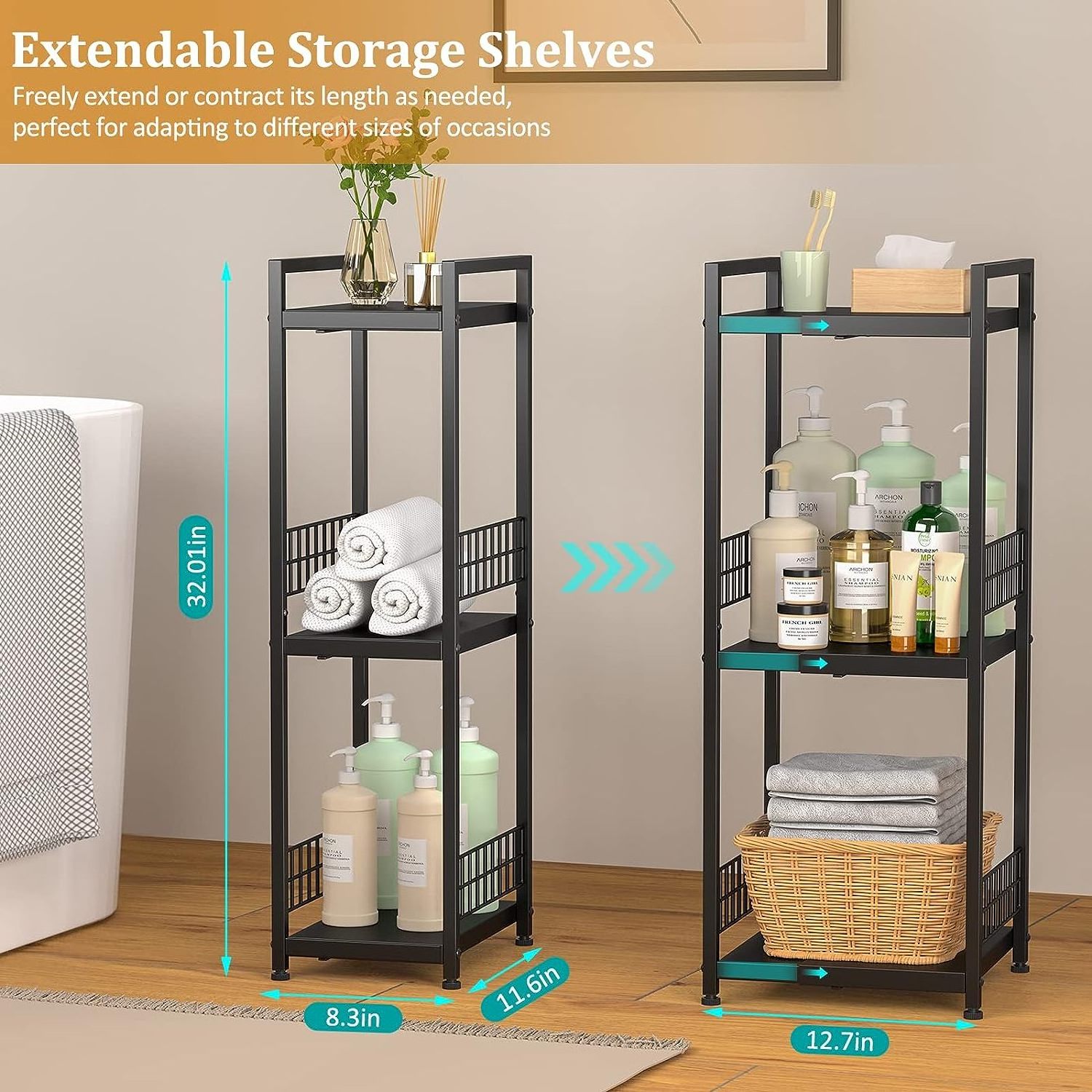 Toilet Paper Holder Bathroom Storage Rack 3-Tier Expandable Narrow Space Storage Metal Bathroom Rack Shelf