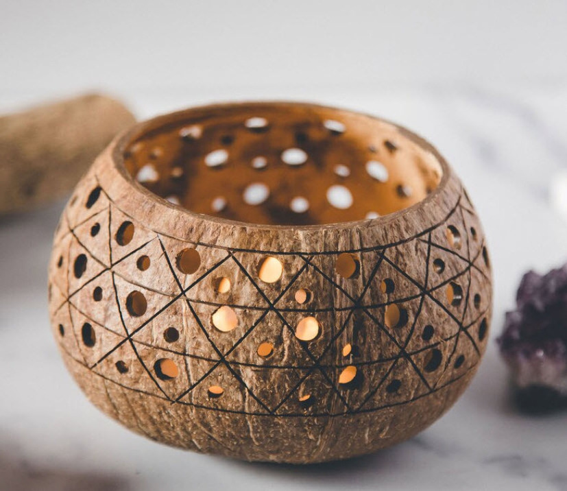 Handmade coconut tealight candle holder, Palm leaf hand carved coconut tealight holder