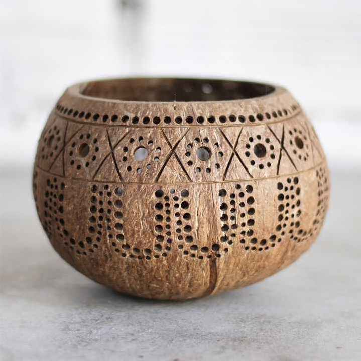 Handmade coconut tealight candle holder, Palm leaf hand carved coconut tealight holder