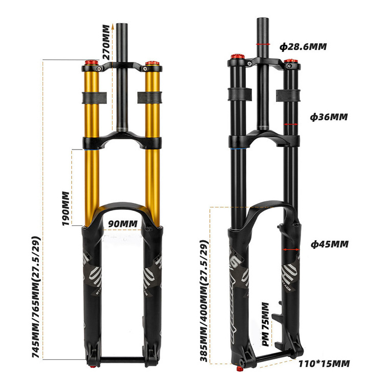 Bicycle Double Crown Air Suspension Fork Hydraulic Lock Out Bike Fork 27.5/29inch Straight Tube Thru Axle Cycle fork 110*15mm