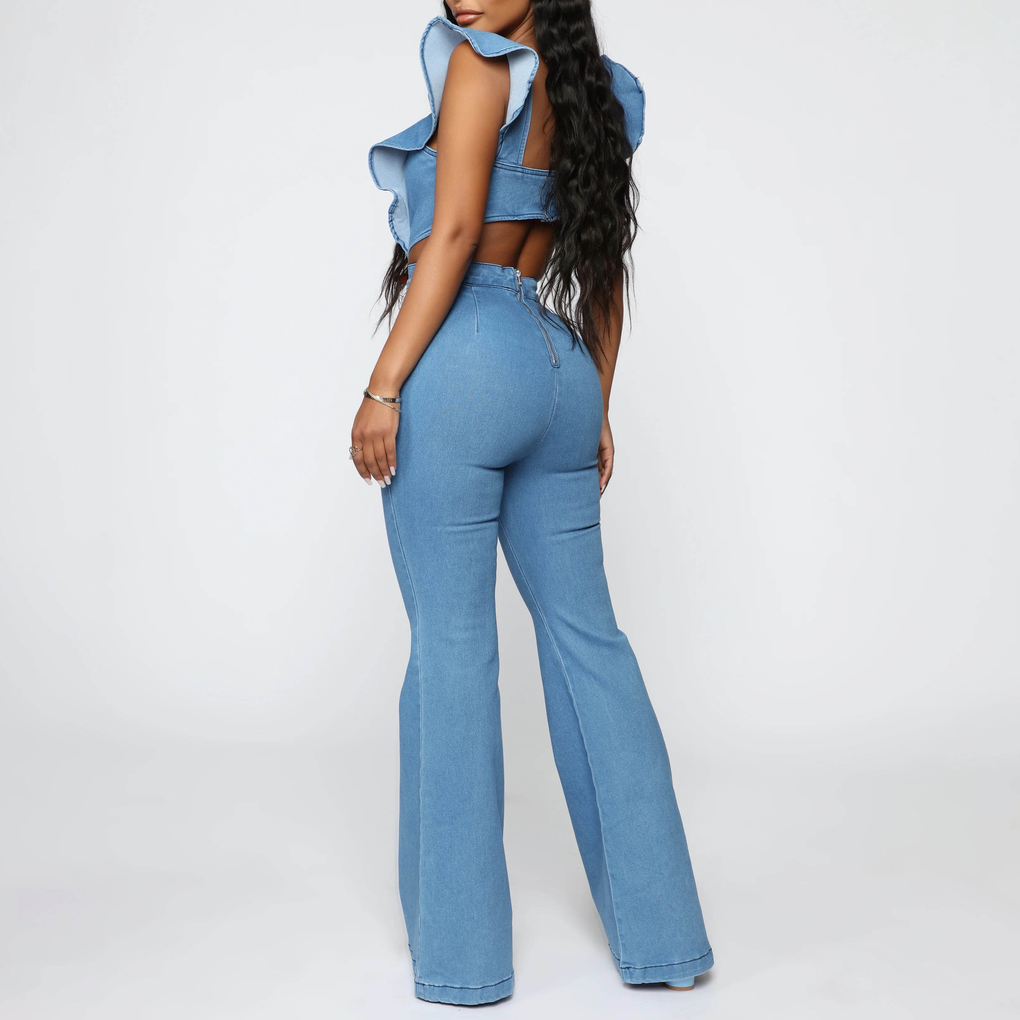 High Quality Custom Women Fashion Medium Blue Wash Ruffled Sleeveless Flared Denim Jumpsuit Slim Fit Back Zip Denim Jumpsuit