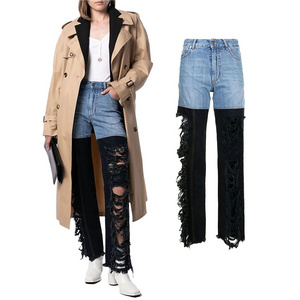 High Quality Streetwear Women High Waisted Straight Leg Jeans Color Contrast Patchwork Ripped Loose Fit Ladies Sexy Party Jeans