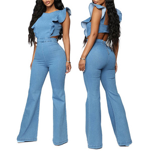 High Quality Custom Women Fashion Medium Blue Wash Ruffled Sleeveless Flared Denim Jumpsuit Slim Fit Back Zip Denim Jumpsuit