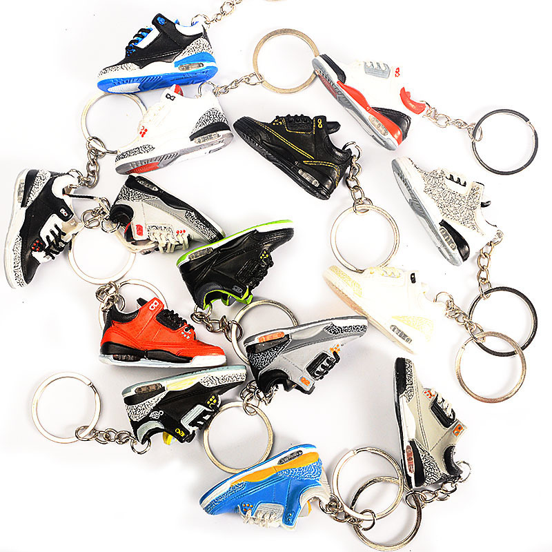 Wholesale stock sports tennis basketball foam gym shoe key chain 3d sneaker mini shoe keychain with mini box