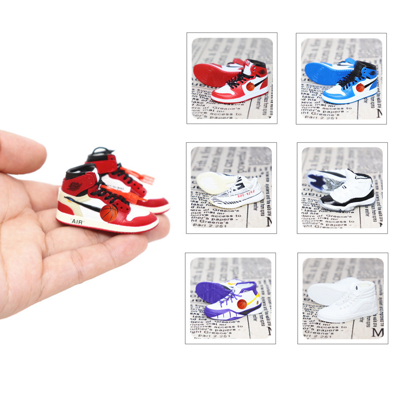 Wholesale stock sports tennis basketball foam gym shoe key chain 3d sneaker mini shoe keychain with mini box