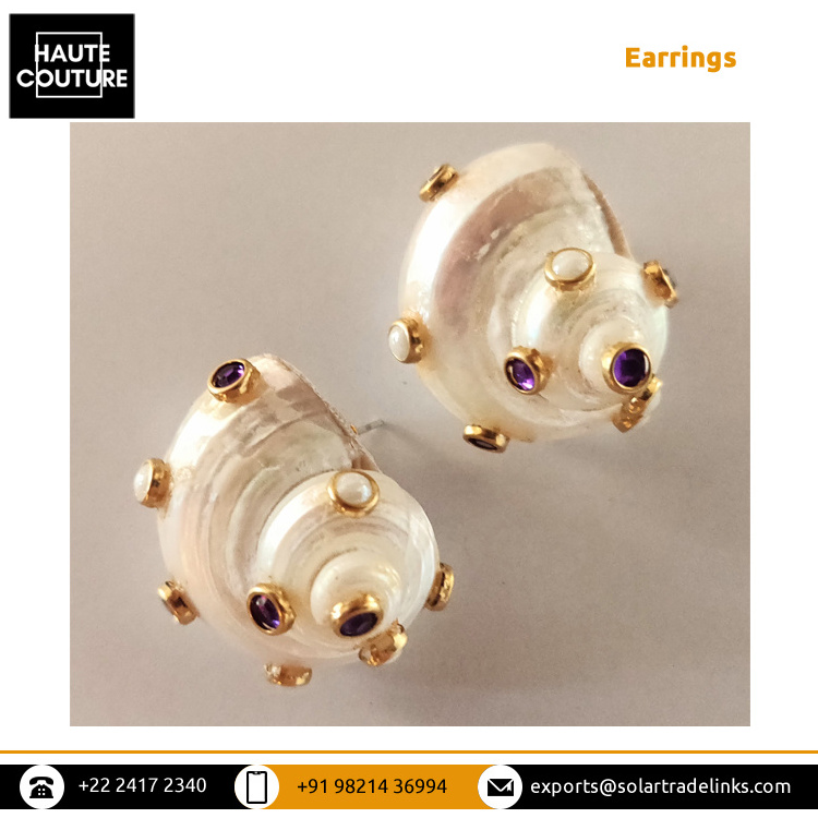 Super Trending Best Seller Elegant Earring Pair Made from Natural Conch Shells Stone Studded Handmade Conch Earrings for Party