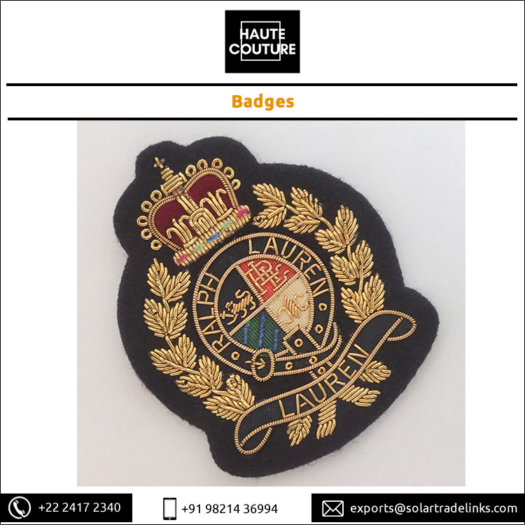 Stylish 7x9cm Hand-Embroidered Bullion Badges Custom Brand Handmade Sew-On Emblems from Indian Manufacturer