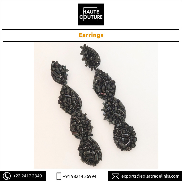 Best Selling Classic Black Drop Earrings 12 cm Long Hand-Embroidered Handmade Women's Wear with Genuine Beads