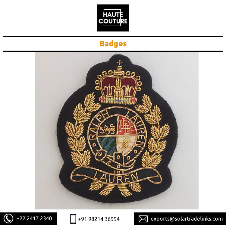 Stylish 7x9cm Hand-Embroidered Bullion Badges Custom Brand Handmade Sew-On Emblems from Indian Manufacturer