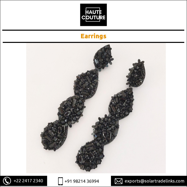 Best Selling Classic Black Drop Earrings 12 cm Long Hand-Embroidered Handmade Women's Wear with Genuine Beads